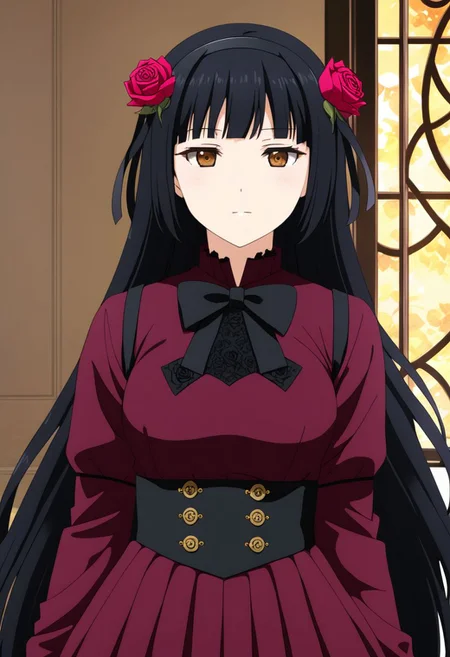 1girl, solo, kurobane_sakura, looking at viewer, black hair, very long hair, brown eyes, expressionless, gothic, hairband, rose, best quality, masterpiece