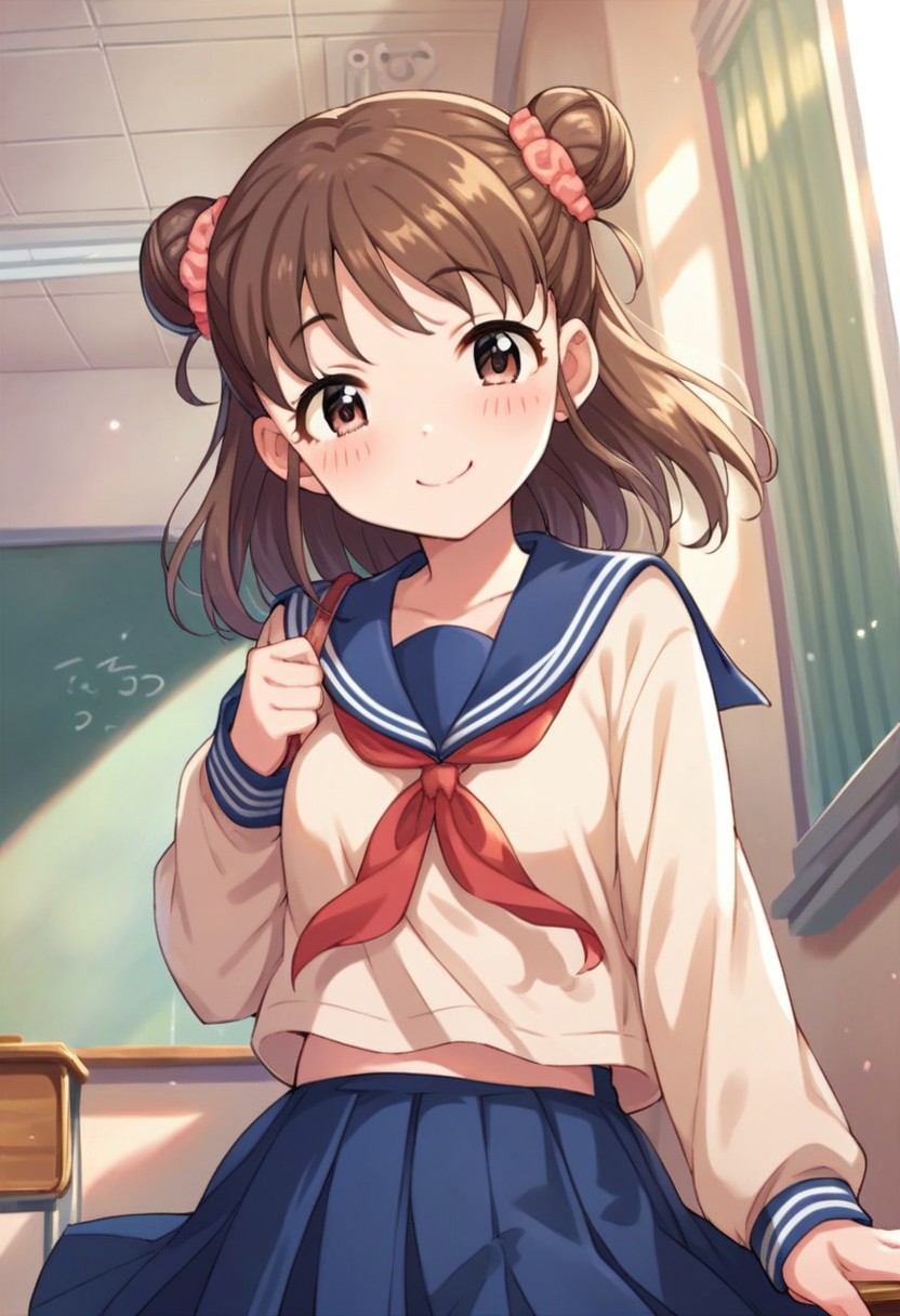 score_9, score_8_up, score_7_up, source_anime, munakata atsumi, brown hair, hair bun, brown eyes, 1girl, school uniform, double bun, smile, classroom, serafuku, blush, solo focus, skirt