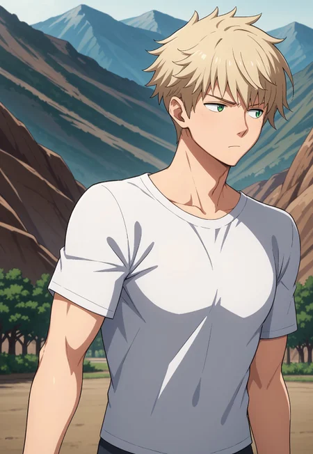 score_9, score_8_up, score_7_up, source_anime, cowboy shot, side view, BREAK, ( green eyes, light blond hair, best eyes, male, anime, tshirt, curious expression, looking to side, ) 1boy, male focus, solo, BREAK, sunny, martian landscape, mountains,
