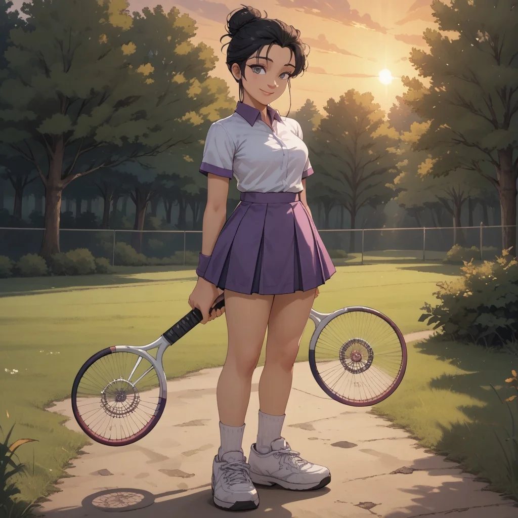 score_9, score_8, BREAK, solo, black hair, hair bun, single hair bun, grey eyes, white shirt, collared shirt, purple skirt, white socks, white sneakers, purple wristband, Momoko_(Hot_Shots_Tennis), cute, sexy pose, self portrait, smile, outdoors, sunlight, shadows, evening lighting, natural lighting, forest, trees, grass, orange sky, sunset