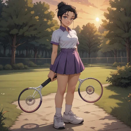 score_9, score_8, BREAK, solo, black hair, hair bun, single hair bun, grey eyes, white shirt, collared shirt, purple skirt, white socks, white sneakers, purple wristband, Momoko_(Hot_Shots_Tennis), cute, sexy pose, self portrait, smile, outdoors, sunlight, shadows, evening lighting, natural lighting, forest, trees, grass, orange sky, sunset