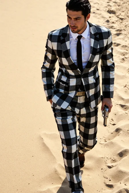 s2ms8ng, man in a black-and-white checkered suit walking. His suit has a large, black-and-white checkered pattern and is made of flannel. Under the checkered, flannel suit, he's wearing a white shirt and a black tie. His jet-black hair is swept back and slick with pomade. Warm tones, Mojave Desert environment, holding silver revolver in right hand, left hand in the pocket. Amateurish candid photo in motion, footprints on sand