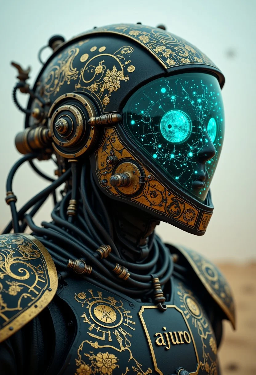 cpstyle01, A highly detailed, photorealistic close-up portrait of a futuristic humanoid figure standing in a vast, bleached desert. The background is blurred, with swirling dust and endless, arid sand dunes stretching into the distance. The stark, pale light of the wasteland casts an almost otherworldly glow on the character’s intricate armor.
The figure’s helmet is a striking fusion of ancient Egyptian motifs and high-tech, alien aesthetics. Dark metallic bands frame a large, glowing translucent neon multicolored visor, which radiates an intricate, shifting spectrum of electric blues, magentas, and greens. The visor’s vibrant glow reflects faintly on the figure’s black and gold armor, subtly illuminating engraved hieroglyphic symbols and geometric patterns. The engraved name "ajuro" is etched into the chest plate in a stylized, Egyptian-inspired font.
Fine brass and copper tubes snake along the contours of the suit, their design more in line with advanced alien technology than traditional steampunk. The dark metallic surfaces are adorned with delicate, glowing lines that resemble forgotten symbols of an ancient civilization, now intertwined with futuristic cybernetic enhancements.
The figure’s eyes remain hidden behind the radiant, ever-shifting neon visor, adding to the enigmatic, mechanical nature of their presence.