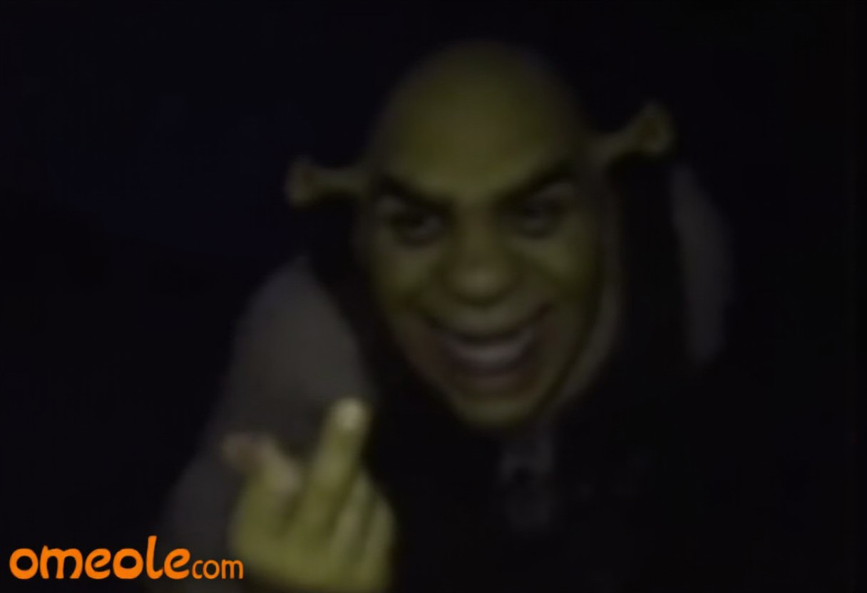 An omegle.com webcam taken at night of Shrek in a swamp smiling a very wide, creepy, and extremely uncanny smile. It is dark. Shark is not wearing a shirt middle finger to the camera <lora:lora09.TA_trained:1>