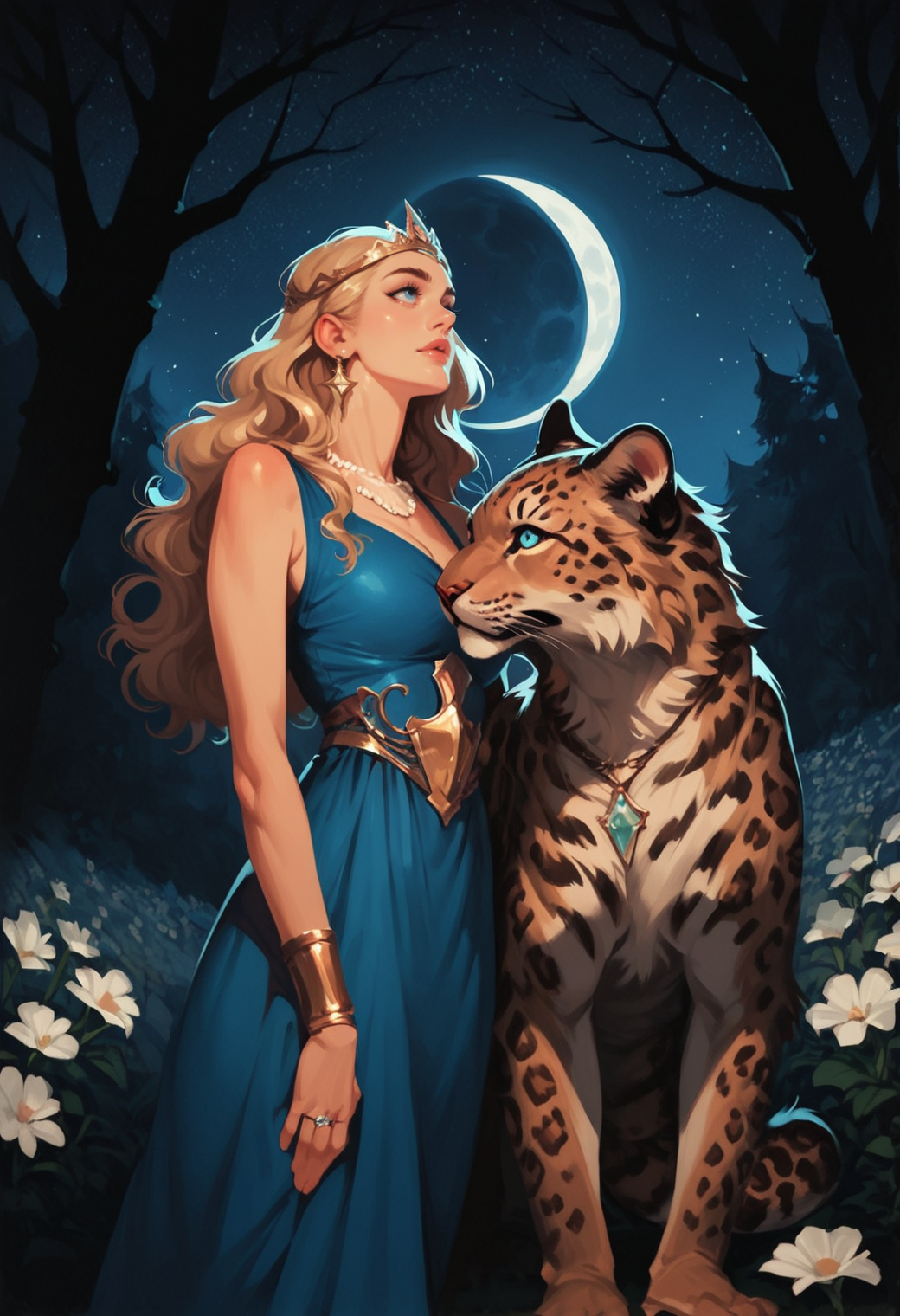 , depth of field,  dynamic lighting,  brown hair, outdoors, , , blurry background, 
1girl, moon, night, dress, jewelry, flower, blue eyes, sky, tree, long hair, full moon, blue dress, necklace, star \(sky\), night sky, ring, blonde hair, outdoors, tiara, , animal, gem, looking up, starry sky, white flower, circlet, earrings, wavy hair, standing, breasts, lips, armor, nature, glowing, black leopard, zPDXL3, detailxl,  Score_PnyReal, (lineless:1.5)