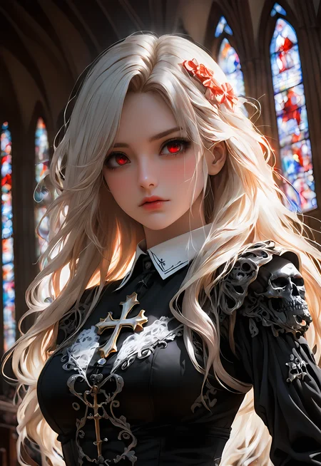 (80s anime style), cinematic lighting, best quality,single_human_girl,upper_body,extremely_detailed_eyes_and_face,church,annoyed,ink,illustration,depth of field,frown,expression,red_eyes,white_hair,extremely detailed,watercolor,anime face,skull_on_dress,yokozuwari,detailed_skeleton_church,beautiful_detailed_black_gothic_Empire_Waist_Dress,dramatic_angle,medium_breast,8k_wallpaper,bright_eyes, looking_at_viewers,close_to_viewers,masterpiece,messy_long_hair,1girl,lens_flare,light_leaks