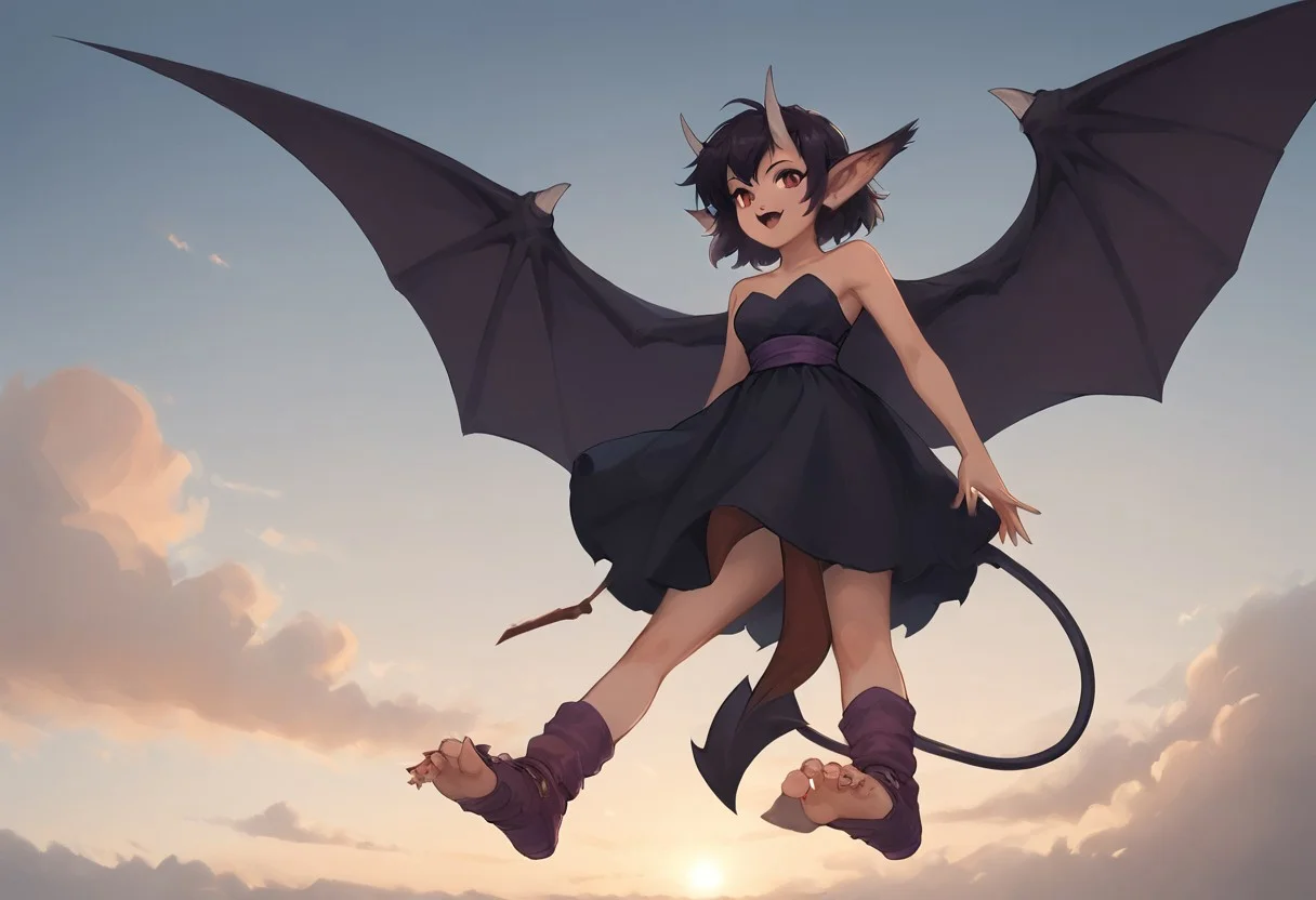 embedding:urn:air:sd1:embedding:civitai:222256@250708, SFW, rating_all, score_10, score_8_up, score_7_up, 1female, (((solo))), Friday, spade tail, demon wings, horns, ear-fluff-tips, sharp toenails, footwear, Friday's dress, IndFri, thrilled, beautiful, detailed, vector, flat colors, Clouds, flying, sunny day, view from below