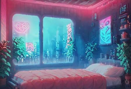 score_9,score_8_up,score_7_up,score_6_up, 
steaming coffee cup on windowsill, plants on the windowsill, wall of plants, monstera plant, large plant, tidy bedrrom, small room, cramped bedroom, teddies on the bed, cyberpunk city view out of the window, neon light, purple neon lights,
