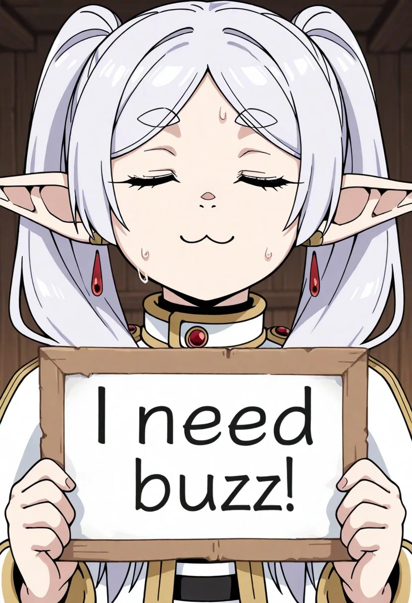 masterpiece,(best quality),highly detailed,ultra-detailed,
1girl, frieren, white hair, elf, closed eyes, :3, need_buzz, holding sign, upper body, close up, sweat