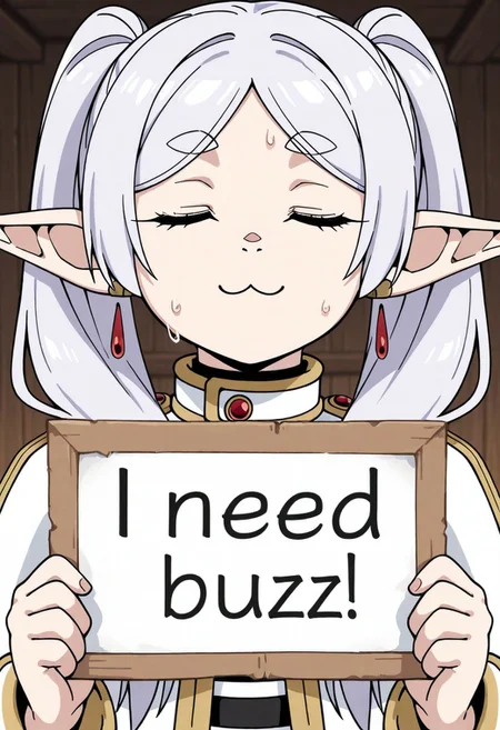 masterpiece,(best quality),highly detailed,ultra-detailed,
1girl, frieren, white hair, elf, closed eyes, :3, need_buzz, holding sign, upper body, close up, sweat