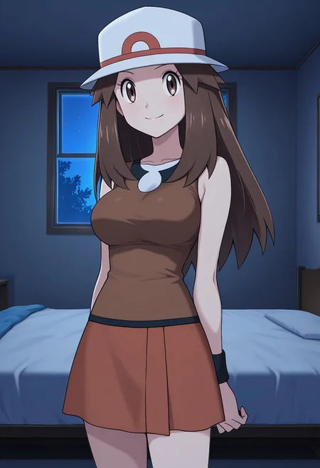 masterpiece, quality,worst, anime screencap,8k,4K, leaf (pokemon),1girl,solo,brown eyes, brown hair, long hair, long hair, hat, brown shirt, sleeveless, wristband, brown skirt, brown socks, brown footwear,large breasts,smile, closed mouth,Interior, room, bed, dark room, window, night light,cowboy shot,lower body,