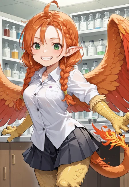 safe_pos, Rating_safe, score_9, score_8_up, score_7_up, detailed, perfect eyes, detailed background, source_anime, source_furry, (long orange hair:1.5), (braided hair:1.5), (happy), (grin:1.5)

(kagarimachi_konatsu), (human:1.5), (1woman), (alone:1.5), (green eyes:1.5), (shortstack:1.25), (slender body:1.5), (medium breasts:1.15), cute, (pink short sleeved shirt:1.25), (black pleated skirt with frills:1.5), (lab:1.7), (standing:1.5), (phoenix wings:1.25), (pointy phoenix ears:1.5), (phoenix tail:1.5), (one leg up:1), (animal legs:2), (talon hands:1.5), (phoenix feathers:1.75)
