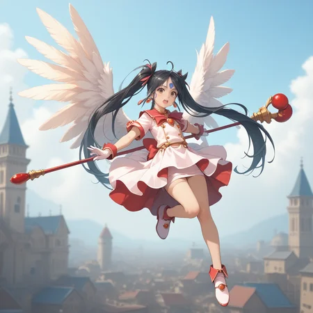 20yo, score_9,score_8_up,score_7_up,score_6_up, shiny oild skin,
Skuld, open mouth, gloves, twintails, jewelry, full body, :d, earrings, white gloves, magical girl, staff, castle night jumping dynamic poses On the roof upper body, gigantic angel wings,
<lora:Skuld:0.85> <lora:zy_Detailed_Backgrounds_v1:2>