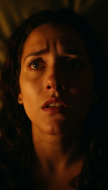 cinematic,A close-up of a woman looking up with a furrowed brow, illuminated by warm, dramatic lighting. Her expression conveys intensity or concern, with shadows adding depth to the emotional atmosphere, film grain, Short telephoto focal length, shot on ALEXA 65