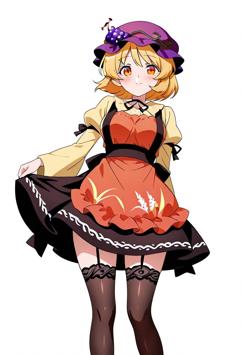 ssaf style, ((white background)), 1girl, solo, (standing), (posing), (looking at viewer), soft smile, blush, ((aki minоriko)), blonde hair, short hair, orange eyes, mob cap, grapes on hat, dress, yellow shirt, red apron, black skirt, wide sleeves, juliet sleeves, ribbon, legs, ((black lace stockings))