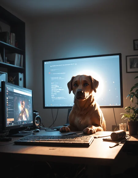 a rainbow dog barking at the computer screen, no humans, dog, rainbow theme, specular highlights, side lighting, extreme light and shadow, cinematic lighting, natural lighting, score_9, score_8_up, score_7_up, score_6_up, score_5_up, score_4_up,