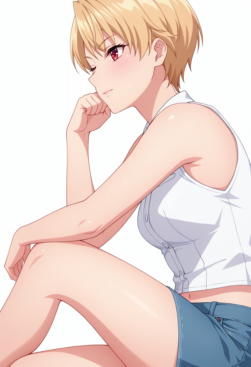 Smooth Quality,masterpiece,very intricate, high quality details, ultra realistic, high detailed skin,detailed enviorement,absurdres,
 <lora:Azuma_Haruki_CNR:0.8> azuma_cnr,blonde hair, short hair, red eyes, midriff, duffle coat,  ,sleeveless shirt, ,denim skirt,  ,, simple background, white background, from side,solo,
one leg crossed over other while seated, elbow on knee, chin on fist  ,, ;),