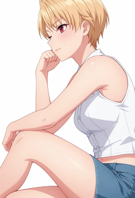 Smooth Quality,masterpiece,very intricate, high quality details, ultra realistic, high detailed skin,detailed enviorement,absurdres,
<lora:Azuma_Haruki_CNR:0.8> azuma_cnr,blonde hair, short hair, red eyes, midriff, duffle coat, ,sleeveless shirt, ,denim skirt, ,, simple background, white background, from side,solo,
one leg crossed over other while seated, elbow on knee, chin on fist ,, ;),