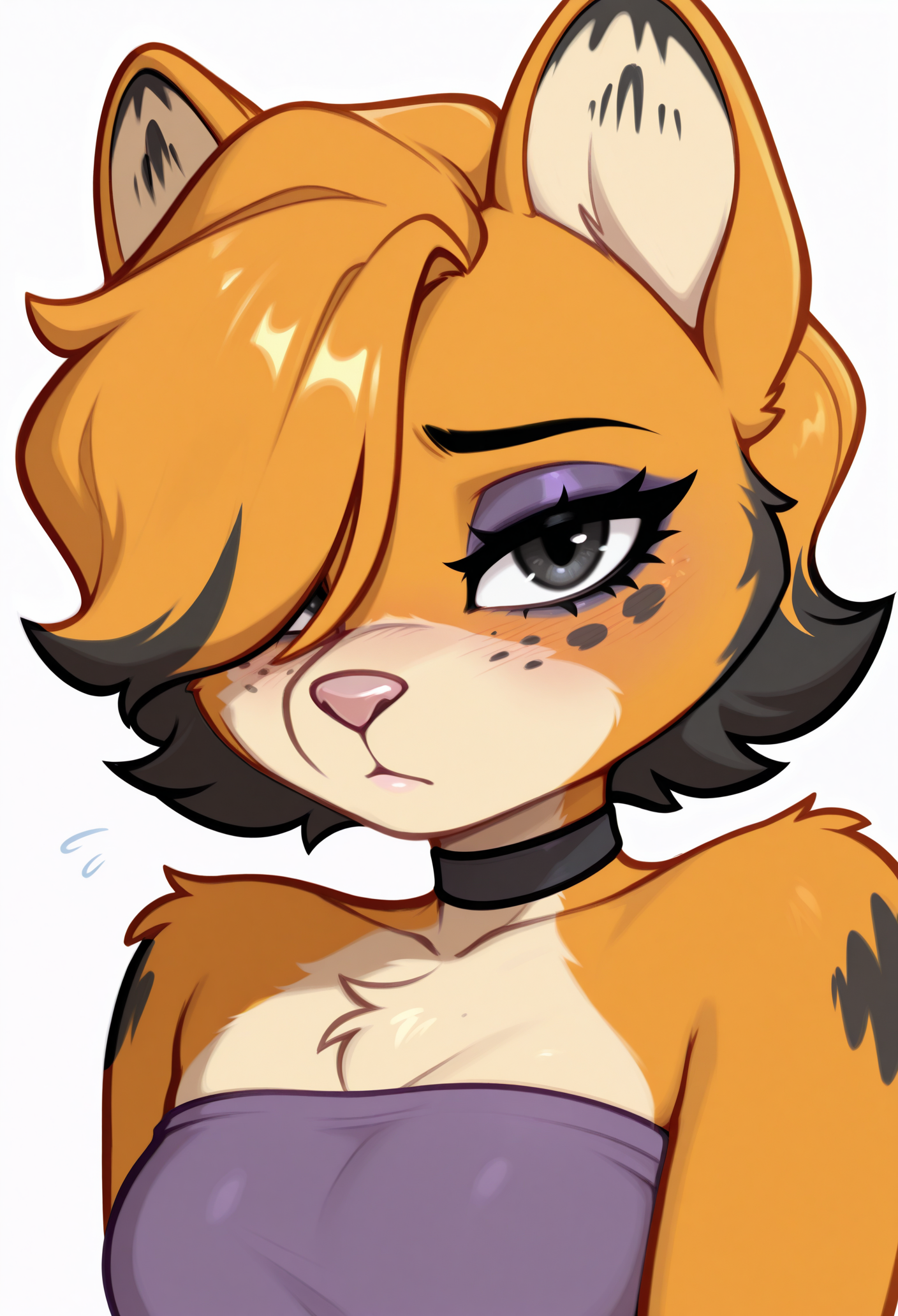 1girl, solo, white background, looking at viewer, shy, portrait, 
furry female, animal ears, animal nose, hair over one eye, orange fur, body fur, makeup, yellow fur, short hair, eyeshadow, black eyes, two-tone fur, two-tone hair, freckles, 
purple shirt, tube top, looking at viewer, black choker, 
masterpiece, best quality, <lora:gothfield-guy90-Illust-LoraV1:1>, dletog, <lora:Blushyspicy-guy90-IllustriousV101:1>, yciblu