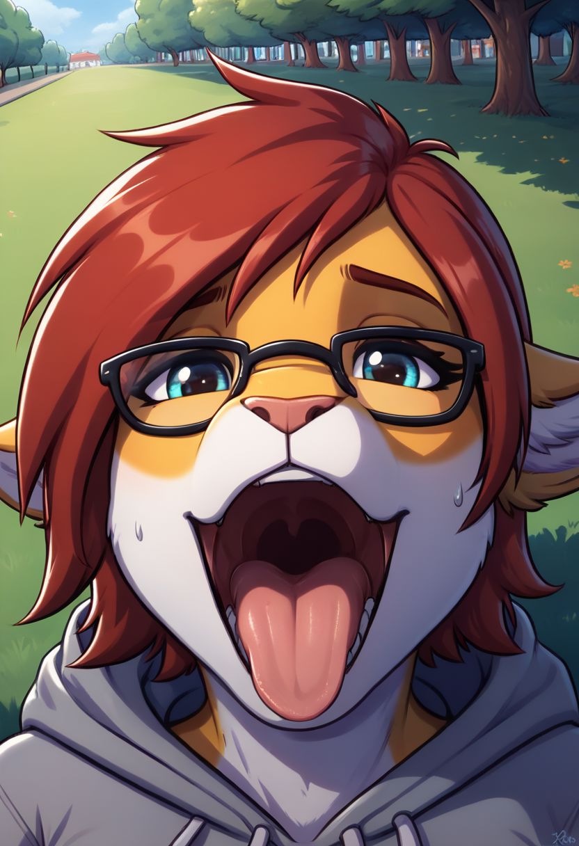 score_9, score_8_up, score_8, 1girl, smooth, anthro, glasses, red hair, highly detailed,  perfect, high quality, high definition, outdoors, park, detailed background, nature, people in background, grey sweatpants, hoodie, on knees, view from above, face focus, mouth focus, close up, detailed mouth, up close, mouth open, open mouth, tongue out, looking inside mouth, looking at viewer