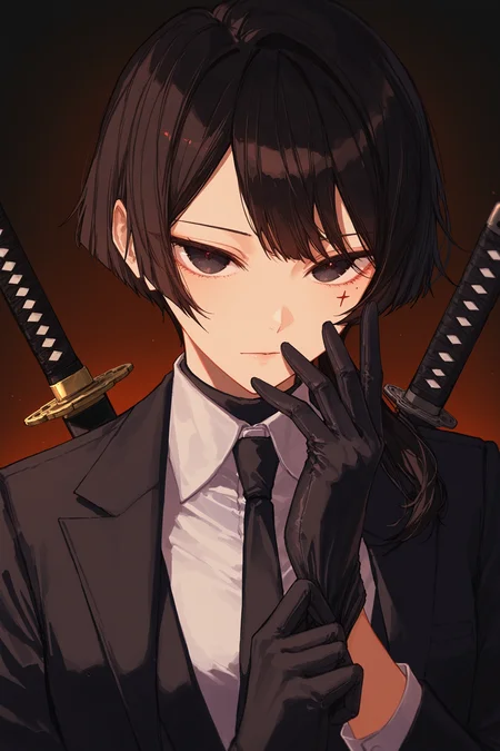 masterpiece, best quality, absurdres, safe,
1girl, sumi masumi, side ponytail, short hair, cross facial mark, black eyes,
white shirt, suit, black jacket, hand up, adjusting gloves, black gloves, looking at viewer, weapon on back, katana, dark background
<lora:kagurabachi_il_1_d16:1>