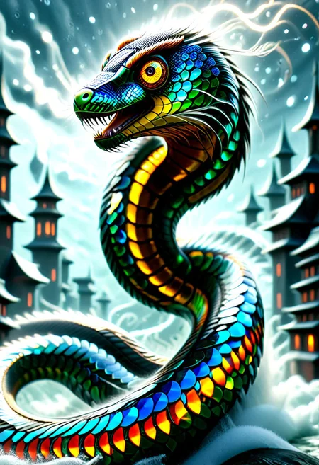 A formidable warrior cyborg with battle scars and marks of past villainy, now overlaid with symbols of heroism and snakes, representing rebirth and transformation. embodying both a superhero and a redeemed former villain, exuding an aura of power and redemption. Standing heroically amidst a stormy battlefield, with lightning illuminating the fractal designs on the scale armor (made from Compact Discs). The character, adorned with intricately designed armor that features a hybrid of Damascus steel and fractal art patterns, stands poised for battle. The armor's fractal designs shimmer with mystical energy, merging beautifully with the Damascus steel’s distinctive water-like patterns. His/her piercing snake-like eyes reflect an intense and focused determination. Snakes are an integral part of his/her design, with serpent tattoos coiling around muscular arms and legs, and snake motifs etched into the armor and weaponry. A massive, fractal-designed sword or staff with Damascus steel accents adds to the character's menacing and heroic presence. The overall image is ultra-high definition, with sharp focus on the intricate details, natural lighting, and realistic textures, ensuring the art is neither anime nor comic book style.