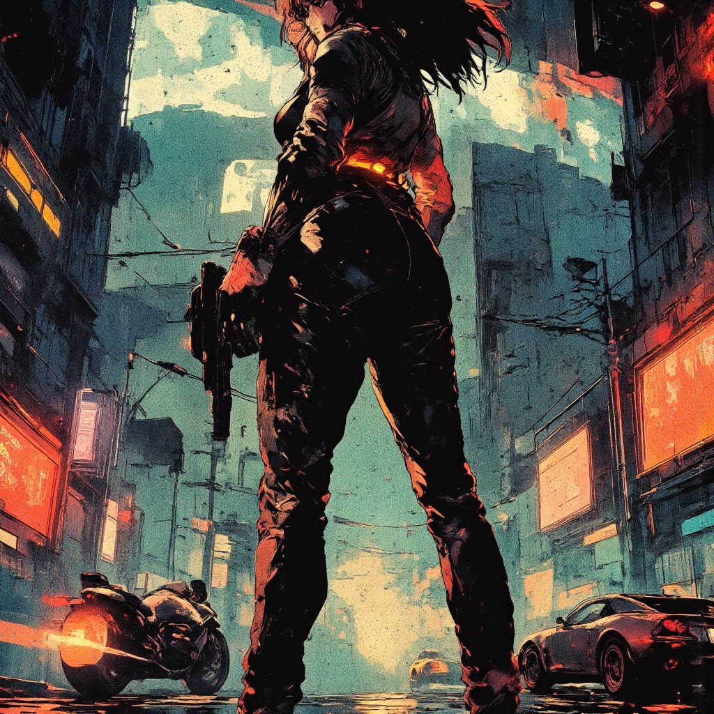 a futuristic cyberpunk city at night, glowing neon lights reflecting off rainy streets,
a badass 80s-style anime heroine stands in the foreground, she has wild hair, a sleek metallic bodysuit with glowing accents, and a high-tech visor over one eye. she is holding a retro_futuristic laser pistol, looking back and smirking confidently. behind her, a hovering motorcycle hums with electric energy, and a giant holographic ad flickers above the cityscape.
VHS anime aesthetics, film grain, over saturated color palette