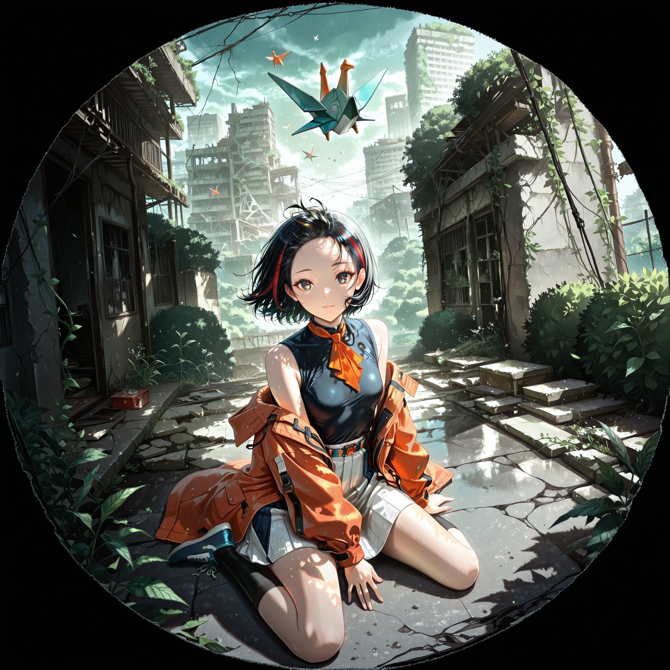 (background focus), outdoor, colorful, bright, origami birds midair, ruins, asphalt ground, bush plants, vines, (surrealism),

(1 girl, wariza, look at viewer, innocent looks, dynamic pose, fluttering hair, extend hand, touch origami birds), (white skirt, sleeveless, dark blue skirt, blue sportshoes, orange ascot, orange coat, knee-high black socks), ((great anatomy, correct anatomy, akariL, wide forehead, black hair, short hair, red_streaked_hair, greenish_grey_pupils, red_iris, small breasts)),

high angle, front view,

((masterpiece, absurdres, newest, best quality, visual impact, very aesthetic)), (perfect quality, best quality, absolutely eye-catching), 4K, detailed facial features, detailed clothing features, detailed texture, (illustration, absolutely eye-catching, ambient occlusion, raytracing, photorealism, very highly detailed), 