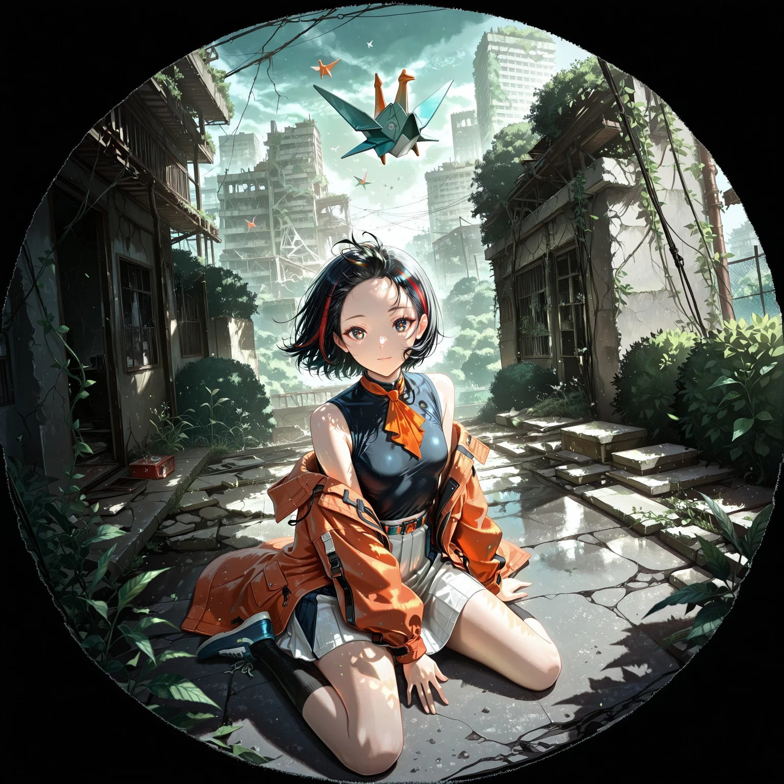 (background focus), outdoor, colorful, bright, origami birds midair, ruins, asphalt ground, bush plants, vines, (surrealism),
(1 girl, wariza, look at viewer, innocent looks, dynamic pose, fluttering hair, extend hand, touch origami birds), (white skirt, sleeveless, dark blue skirt, blue sportshoes, orange ascot, orange coat, knee-high black socks), ((great anatomy, correct anatomy, akariL, wide forehead, black hair, short hair, red_streaked_hair, greenish_grey_pupils, red_iris, small breasts)),
high angle, front view,
((masterpiece, absurdres, newest, best quality, visual impact, very aesthetic)), (perfect quality, best quality, absolutely eye-catching), 4K, detailed facial features, detailed clothing features, detailed texture, (illustration, absolutely eye-catching, ambient occlusion, raytracing, photorealism, very highly detailed),