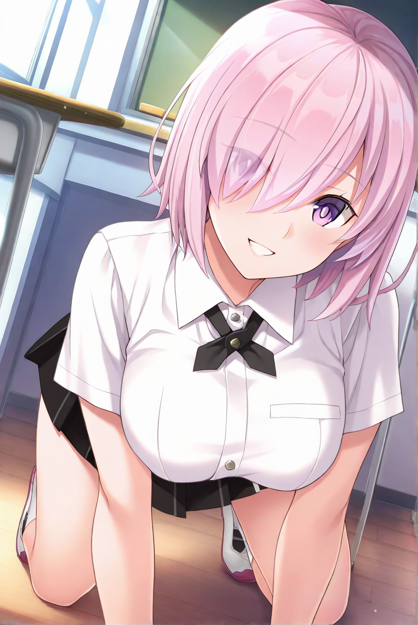 sensitive,1girl,solo,mash kyrielight,grin,<lora:kizuna_school_uniform-000004>,kizuna uniform,collared shirt,black bowtie,all fours, 
indoors,classroom,