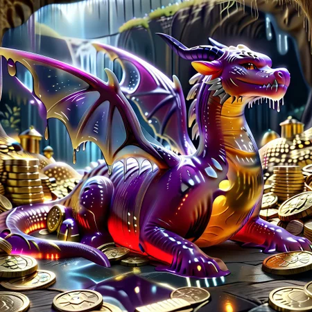 1dragon, highly detailed deep purple dragon, deep purple dragon made out of slime, scaly deep purple slime dragon, slime dragon with red eyes, deep purple slime dragon laying in its hoard, blue slime dragon with wings, dragon wings, detailed claws, detailed feet, detailed tail,
multi-colored gems made out of slime, in a room of treasure made out of slime, gold coins and bars made out of slime, piles of coins, piles of gold slime coins, piles of gold slime, tiny gold slime coins, no large coins, no medium coins, only tiny coins,
treasure-room, treasure, gemstone, coins, gold bars, gold pile, 
everything made of slime, No simple background,
((translucent slime)), ((transparent slime)), (bioluminescent slime), sl1m3, slime, ais-blmn, watce, je11y, thickwater, great lighting, ral-lava, even lighting, no bright spots, saturated colors,