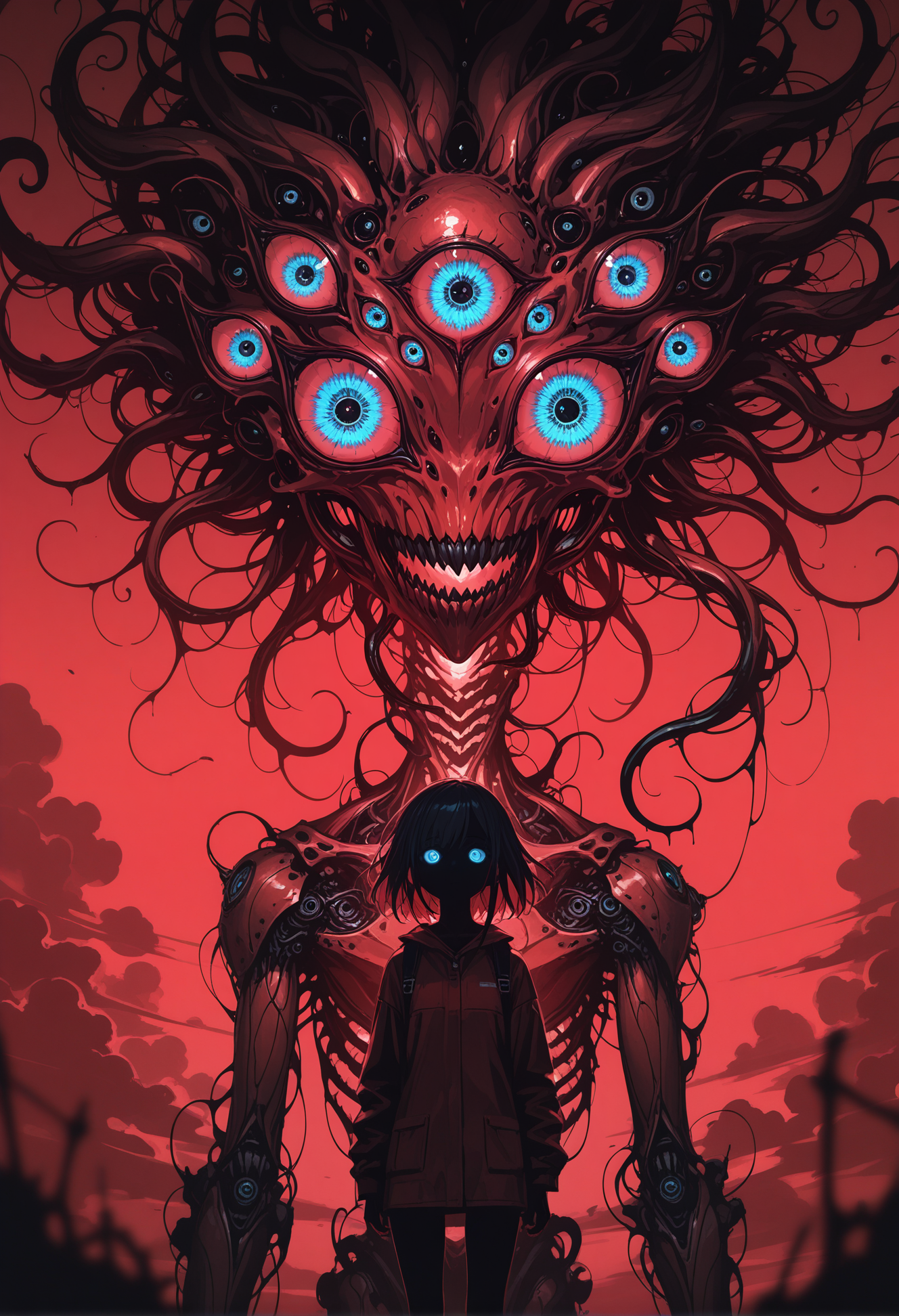masterpiece, best quality, newest, incredibly absurdres, absurdres, amazing quality, very aesthetic, no lineart, no outlines, 1girl, solo, blue eyes, standing, sky, cloud, glowing, glowing eyes, monster, fantasy, dark, extra eyes, horror \(theme\), eye focus, eldritch abomination, glowing, red theme,negative space,straight on, dynamic angle,blurry foreground