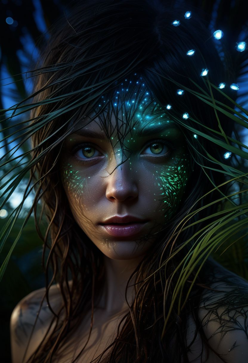 close-up face, mysterious silhouette of a woman, glowing fireflies illuminating her, night time palm trees, goddess, alluring, by Minjae Lee, Carne Griffiths, Emily Kell, Steve McCurry, Geoffroy Thoorens, Aaron Horkey, Jordan Grimmer, Greg Rutkowski, amazing depth, double exposure, surreal, geometric patterns, intricately detailed, bokeh,  perfect balanced, deep fine borders, artistic photorealism , smooth,  great masterwork by Suiras  <lora:add-detail-xl:2>  <lora:Double_Exposure:0.5>