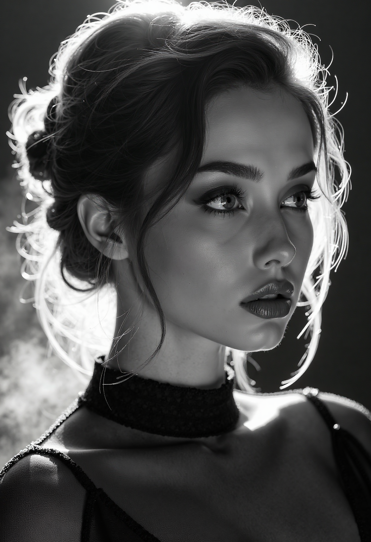 A highly detailed, black-and-white, silhouette, closeup, professional photo portrait of a young woman with a delicate, almost otherworldly beauty. She has fair, porcelain-like skin and striking almond-shaped eyes framed by long, dark lashes that draw attention to her gaze. Se is looking to the left, away from viewer. Her hair is voluminous and styled in an elegant updo, with soft, loose strands falling around her face to soften her features. Her lips are full and slightly parted, lending a subtle, sultry allure to her expression. She wears a form-fitting, high-necked top made of delicate, fishnet fabric, which accentuates her slender physique and adds a touch of subtle sensuality. The background is pitch black, with smoke behind the woman, creating a dramatic contrast with her light skin and hair, drawing the viewerâs focus entirely onto her. The lighting, hitting only one side of her face, is hard in chiaroscuro style, giving depth to her features and an air of mystery. The overall style blends gothic and fantasy influences, with a strong emphasis on realism and a refined sense of elegance and enigma.