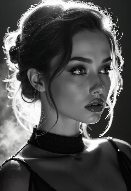 A highly detailed, black-and-white, silhouette, closeup, professional photo portrait of a young woman with a delicate, almost otherworldly beauty. She has fair, porcelain-like skin and striking almond-shaped eyes framed by long, dark lashes that draw attention to her gaze. Se is looking to the left, away from viewer. Her hair is voluminous and styled in an elegant updo, with soft, loose strands falling around her face to soften her features. Her lips are full and slightly parted, lending a subtle, sultry allure to her expression. She wears a form-fitting, high-necked top made of delicate, fishnet fabric, which accentuates her slender physique and adds a touch of subtle sensuality. The background is pitch black, with smoke behind the woman, creating a dramatic contrast with her light skin and hair, drawing the viewerâs focus entirely onto her. The lighting, hitting only one side of her face, is hard in chiaroscuro style, giving depth to her features and an air of mystery. The overall style blends gothic and fantasy influences, with a strong emphasis on realism and a refined sense of elegance and enigma.