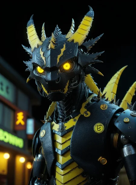 black dragon robot, at night, frontal view, yellow glow in the dark color scheme,documentary style realism, responsibility, high saturation, dark atmosphere,scary atmosphere,  Junji lTO, Chinese Punk, <lora:add-detail-xl:1>  <lora:Cyberpunk _Anime_sdxl:1>