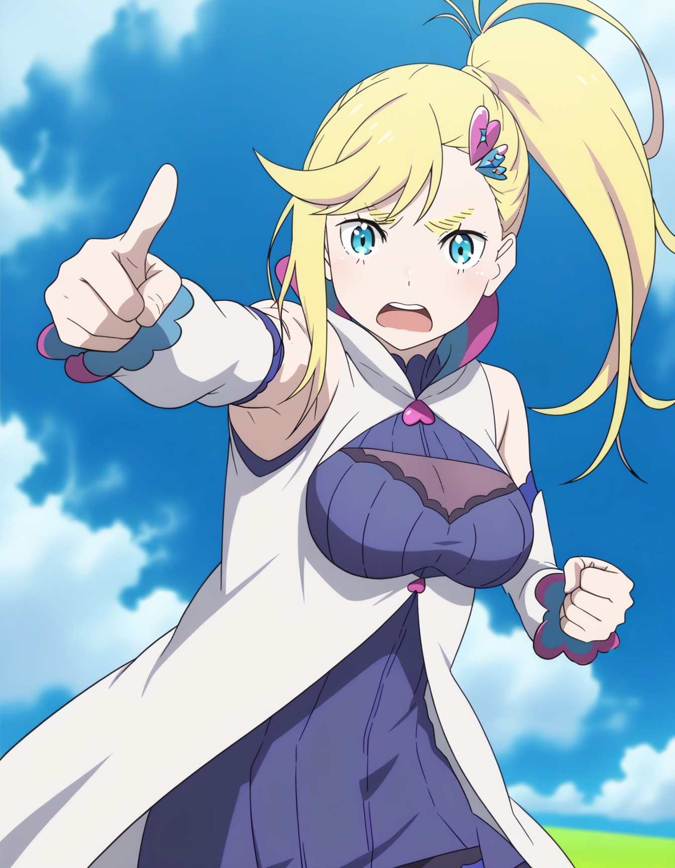 blonde hair, blue eyes, minerva, 1girl, solo, ponytail, pointing at viewer, blue sky, <lora:Minerva_ReZero:1>,