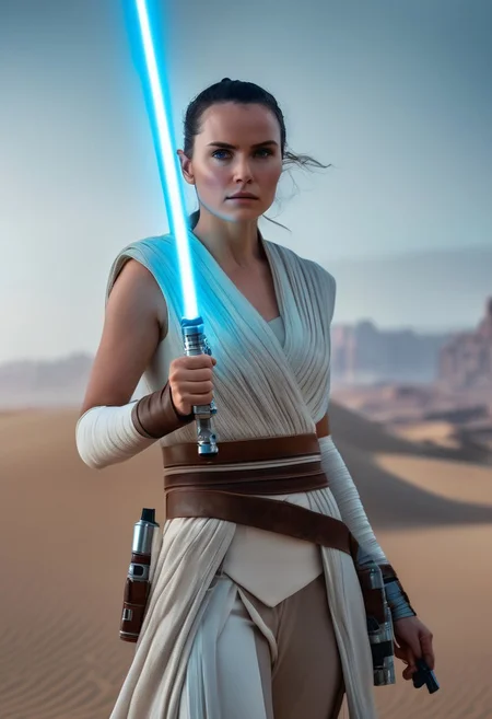 cinematic film still of <lora:star wars style:1.5>
full-body portrait of Rey Skywalker from Star Wars, wearing her iconic white scavenger outfit with leather accessories, standing heroically, holding her blue lightsaber with both hands in front of her, determined and focused expression, detailed cloth textures flowing slightly in the wind, desert-like background or ancient Jedi ruins, cinematic lighting, dramatic atmosphere, photorealistic skin and costume details, glowing lightsaber casting soft blue light on her hands and face, 4k ultra high-resolution, masterpiece, trending on ArtStation, dynamic yet calm pose, realistic depth of field, intricate costume details, (epic heroic portrait:1.3), (cinematic lighting:1.2)