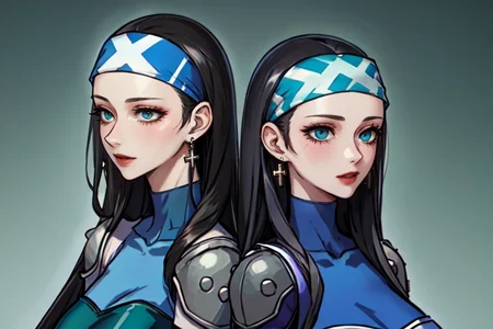 highly insanely detailed, masterpiece, top quality, best quality, highres, 4k, 8k, RAW photo, (very aesthetic, beautiful and aesthetic),
beth_\(megami_tensei\),bethsmtii,shin megami tensei ii,long hair,black hair,straight hair,sleek black,jewelry,cross,headband,red_lipstick,Blue_dress,armored_corset,blue shirt,bandana_with_messian_symbol,Religious_bandana,symbol_headband,messian_church_bandana,messian_cross_earrings,cross_earrings,religious_earrings,messian_symbol_jewelry,
<lora:zs_Beth:0.7>,
(1girl:1.3), 1other,
(pure green background,transparent background:1.2),âââ