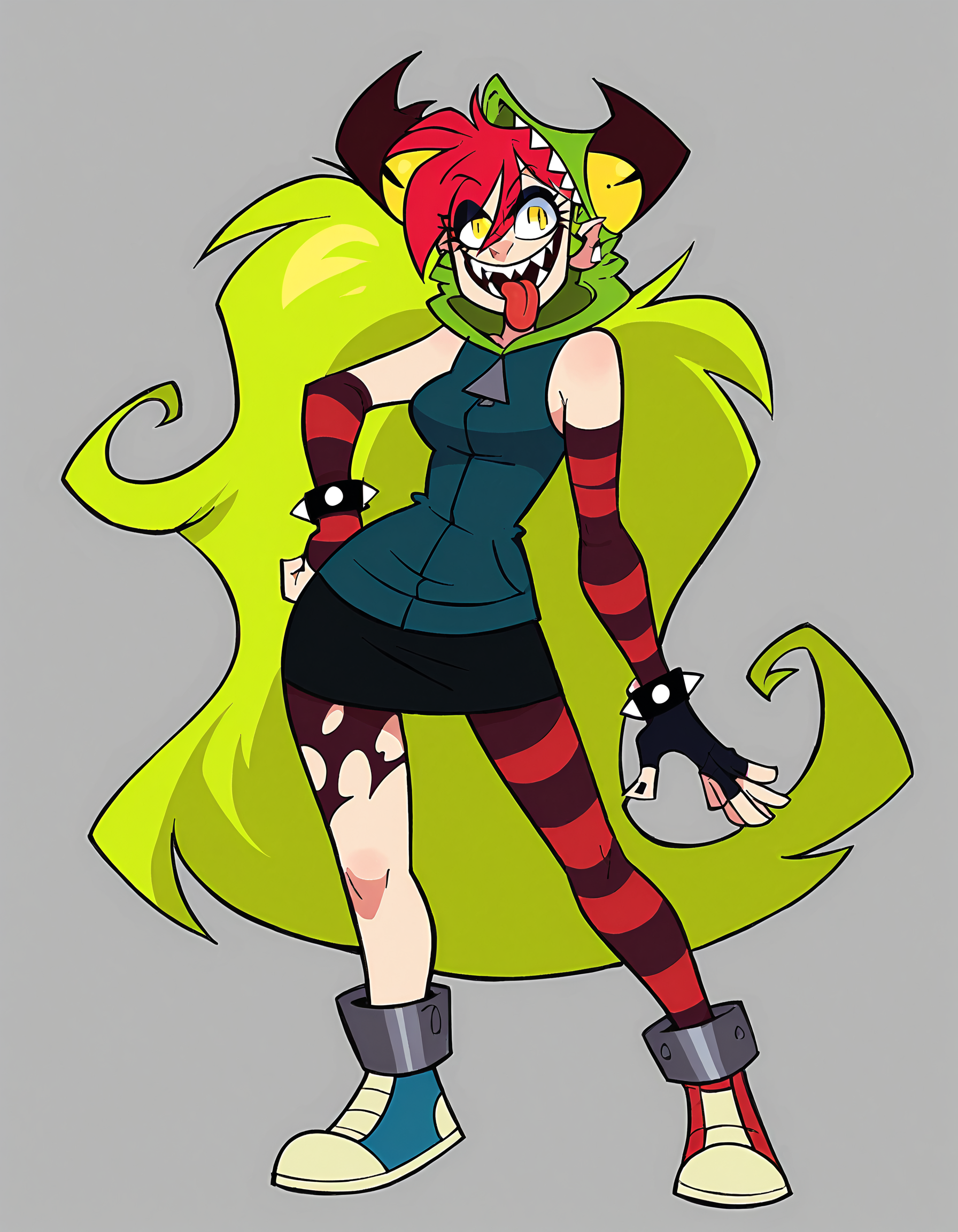 source_cartoon, score_8, score_7_up, score_6_up, score_5_up, 1girl, solo, demencia, standing, red hair, green ponytail, striped thighhighs, single striped sock, anklet, green monster hood, yellow eyes, sharp teeth, dark blue hoodie, single striped sleeve, red sneaker, blue sneaker, black skirt, smile, eyeshadow, spiked bracelet, zipper pull tab, torn pantyhose, glove, tongue out, flat background <lora:DemenciaSDXL:1>   <lora:Smooth Anime 2 Style SDXL_LoRA_Pony Diffusion V6 XL:1>