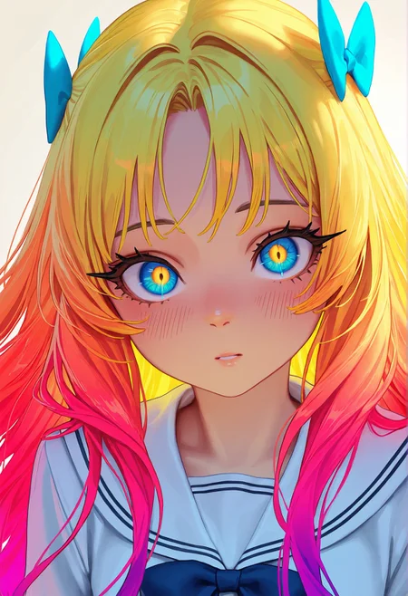 1girl, solo, close-up, looking at viewer, expressive eyes, sharp eyelashes, long flowing hair, detailed hair strands, colorful gradient hair, natural skin tone, faint blush, small nose, soft lips, calm expression, school uniform, sailor collar, blue bow, white blouse, clean background, soft lighting, cinematic light, soft shadows
ILXLpos,