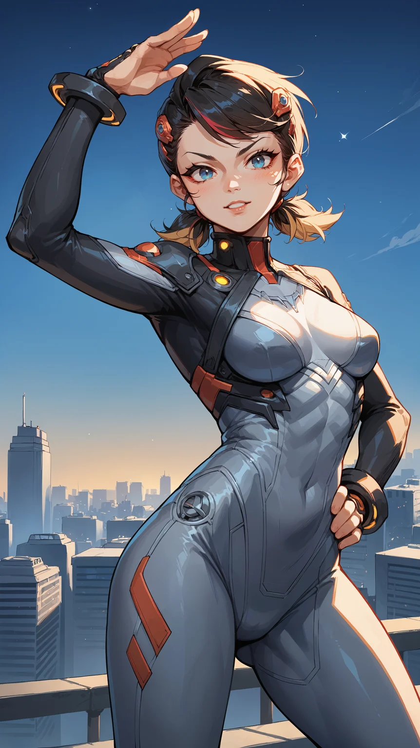 score_9,score_8_up,score_7_up,score_6_up, <lora:xl_more_art-full_v1:0.5>, source_anime, girl, dynamic pose, one hand on her hip, one hand behind her head, <lora:Peni Parker - Pony-000004:0.8>, black hair, short twintails, multicolored hair, streaked hair, blue eyes, grey bodysuit, multicolored bodysuit, black and white bodysuit, modern city, skyscraper, rooftop, night time, darkness,