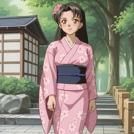 <lora:SakuraOVA_pony_v1:.8> Sakura, 1girl, brown eyes, retro artstyle, black long hair, 1990s (style),  cowboy shot,, japanese clothes, kimono, hair ornament, blush, hair flower, pink kimono, sash, obi, floral print, wide sleeves