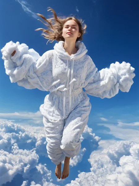 masterpiece,high resolution,detailed, <lora:air_xl:0.8>, airmode, 1girl,solo,portrait,clothes made out of cloud,fluffy clothes,in the sky,clear deep blue sky backround,blue sky