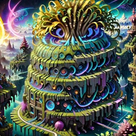 Psychedelic isometric turn based sci fi rpg world, dystopian retro futuristic, cyberpunk, cyberdellic, wild, elaborate, best quality, perfect detail, vivid colors, absurdres, masterpiece