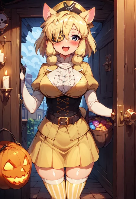 1girl, ((solo)), best quality, ultra-detailed, extremely detailed, perfect anatomy, masterpiece, score_9, score_8_up, score_7_up, Expressiveh, alpaca suri (kemono friends), alpaca ears, hair over one eye, bangs, blonde hair, grey eyes, sidelocks, hair tubes, hair bun, tail, short hair, horizontal pupils, outdoors, neighborhood, trick-or-treating, pumpkins, candles, halloween, trick-or-treater, holding halloween basket, candy basket, front_door, open door, standing at the front door, viewer pov, pirate, light-yellow pirate hat, (pirate hat:1.1), light-yellow pirate outfit, light-yellow blouse, light-yellow skirt with trim, light-yellow thighhighs, thighhighs, striped thighhighs, striped gloves, thigh squish, fully clothed, pirate gloves, pirate boots, belt, accessories, white trimmed sleeves, white trim, curvy, medium breasts, blushing, looking at viewer, soft blush, open mouth smile, cute look, closeup, depth-of-field, ears sticking out of hat, thobrine, shiny skin, yellow eyepatch, (eyepatch:1.1), pirate_eyepatch,