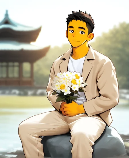 ((source anime)), breeze style, ((anime eyes:1.5, small nose, simple mouth:1.5)), short hair, score_9, score_8_up, score_7_up, Korean, <lora:Expressive_H:1.4>, ((handsome man:1.2, light skin)), (focus male, solo:1.1), masterpiece, best quality, ((1man, 1boy, mature man:1.4)), masterpiece, best quality, amazing quality, 
<lora:Breez_Style_Wv7:1>. breeze style, smile, 
masterpiece, best quality, amazing quality, 1boy, solo, masterpiece, best quality, young man sitting on a rock, relaxed posture, casual outfit (beige jacket, white t-shirt, beige trousers), short dark hair, holding a small bouquet of flowers, slight smile, looking at the camera, outdoor setting, blurred background with architecture, candid lifestyle photography, shallow depth of field, bright and even lighting, sunny day, volumetric lighting,