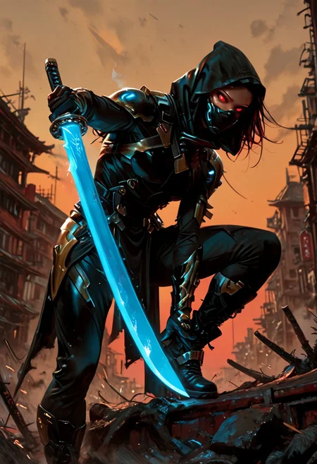 masterwork, masterpiece, best quality, detailed, depth of field, high detail, best quality, very aesthetic, 8k, photorealistic, realistic skin, realistic anatomy, good anatomy, deep colour, high contrast, hyperdetailed, matte digital painting, trending on artstation, sharp edges, precise, clear focus, detailed face, face focus, sideview, wide shot, looking at viewer,
futuristic, gritty.
line art, ink art of a woman, solo, soldier, enigmatic, (glowing red eyes), matte black modular suit of armor, molded armour, whole body protection, heavy boots, holding an elegant katana, (blue glowing blade:1.5), blade up, ready to fight, dynamic stance. Deep hood, black face mask, pale skin,
background war-torn urban landscapes, dramatic lighting, dynamic angle, whole body, face focus, high contrast, deep shadows, distant fires, smoky sky, matte painting,
emwv2-illu