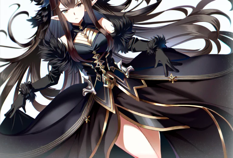 semiramis \(fate\), black dress, black fur trim, bridal gauntlets, serious, elegant, ((masterpiece)), <lora:char-semiramis-fate:0.7>