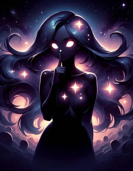 score_9,score_8_up,score_7_up,   <lora:Navi_Celestial_Skin_PonyXL:1.1> nv-celestialskin  ,   colored skin,  void cosmic body, deep black skin, silhouette, nebula, faceless female, long hair, solid circle eyes,  black eyes, 
solo, standing, hand on own chin, looking at viewer,  leaning forward, arm behind back,index finger raised,